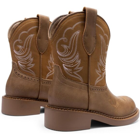 🆕Women Tan Cowboy Cowgirl Boots for Women Round Toe Embroidered Mid Calf - Picture 5 of 7